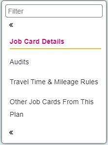 "a screenshot of the job card sections, including job card details, audit list, travel time and mileage, and other job cards from the same plan."