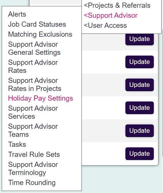 "a screenshot of the holiday pay settings button, higlighted in the admin menu."