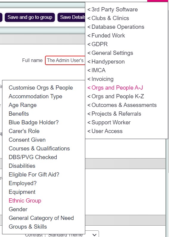 "a screenshot of the ethnic group option in the admin menu."