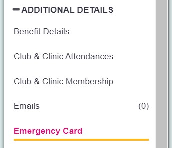 "a screenshot of the emergency card section, highlighted in the clients record."