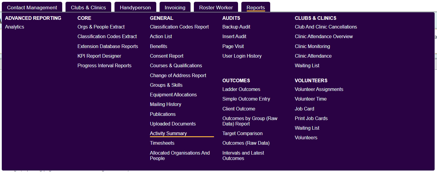 "a screenshot of the activity summary report button in the reports menu"