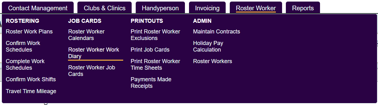 "a screenshot of the roster worker diary button highlighted in the roster worker menu."