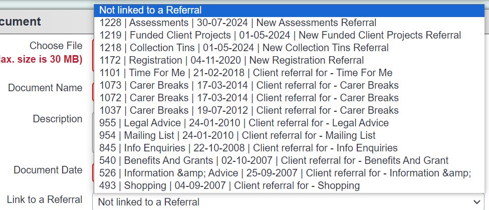 "a screenshot of the uploaded document drop down list, displaying a list of referrals which you can link the document to."