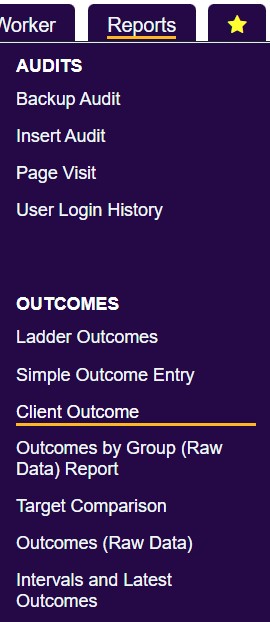 "a screenshot of the client outcome report button highlighted in the report menu."