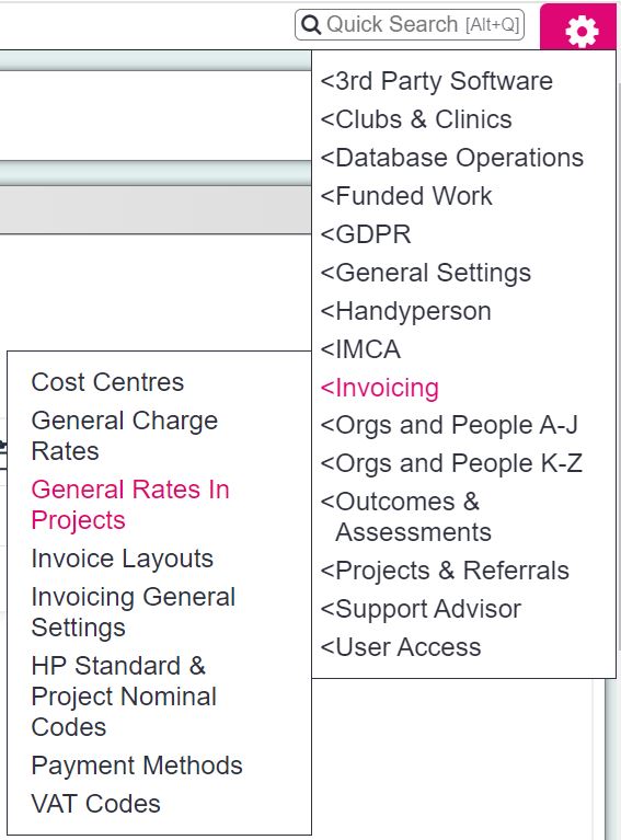 "a screenshot of the general rates in project button, highlighted in the admin menu"