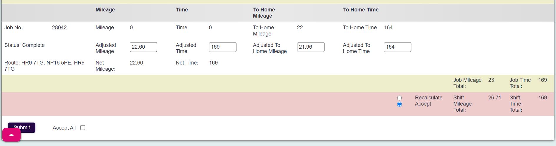 "a screenshot of a job that requires travel time and mileage confirmation. The job shows the number, mileage, time, and a button to recalculate or to accept."