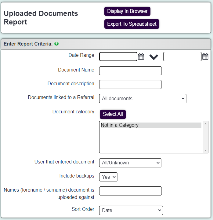"a screenshot of the uploaded document report entry criteria page. includes a date, document name, and document category field."
