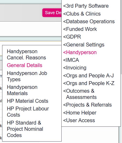 "a screenshot of the handyperson general details button in the charitylog admin menu"