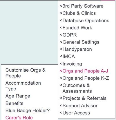 "a screenshot of the carers role button from the admin menu."