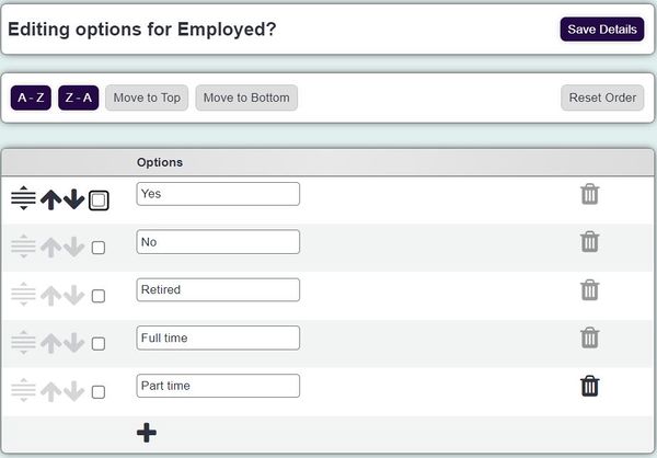 "a screenshot of the employed field drop down options."