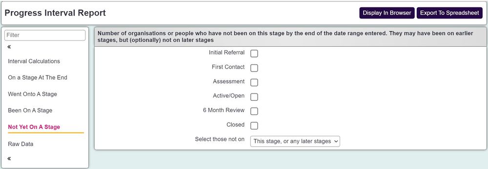 "a screenshot of the progress interval report, showing the 'clients not yet on a stage' section."