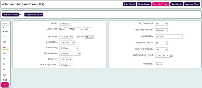 "a screenshot of the volunteer record, showing the personal details section."