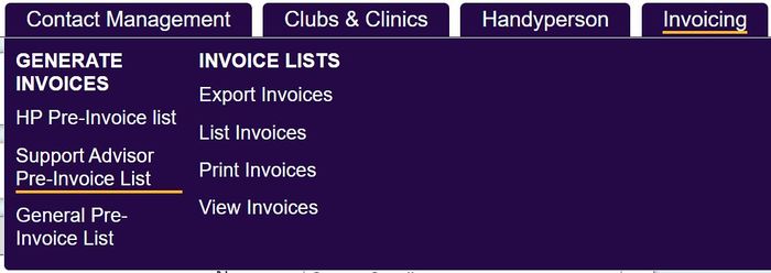 "a screenshot of the support advisor general invoicing button highlighted in the invoicing menu."
