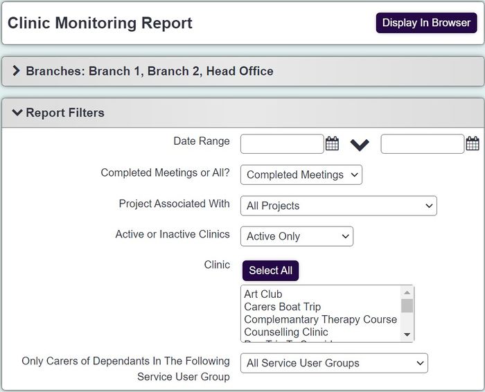 "a screenshot of the clinic monitoring report criteria fields, as listed below."