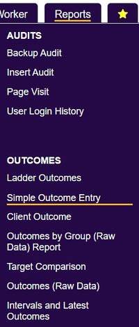 "a screenshot of the simple outcome entry button, highlighted in the report menu."