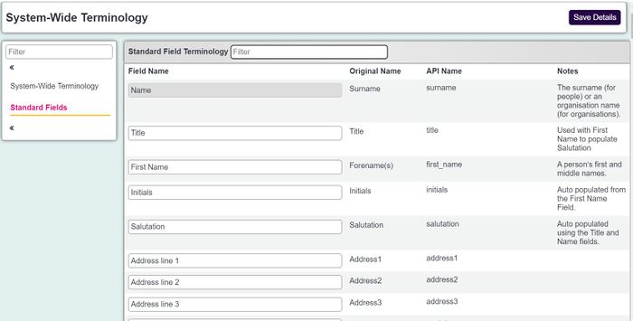 "a screenshot of the standard fields section. This displays a list of the standard fields, with a field for renaming them."