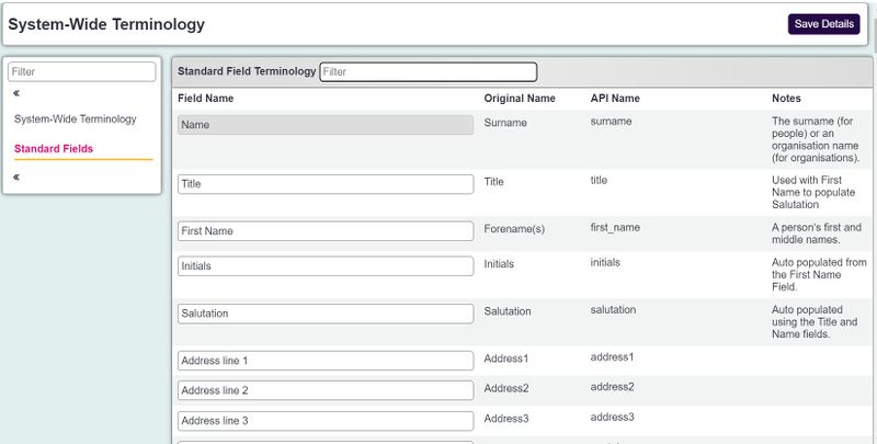 "a screenshot of the standard fields section. This displays a list of the standard fields, with a field for renaming them."