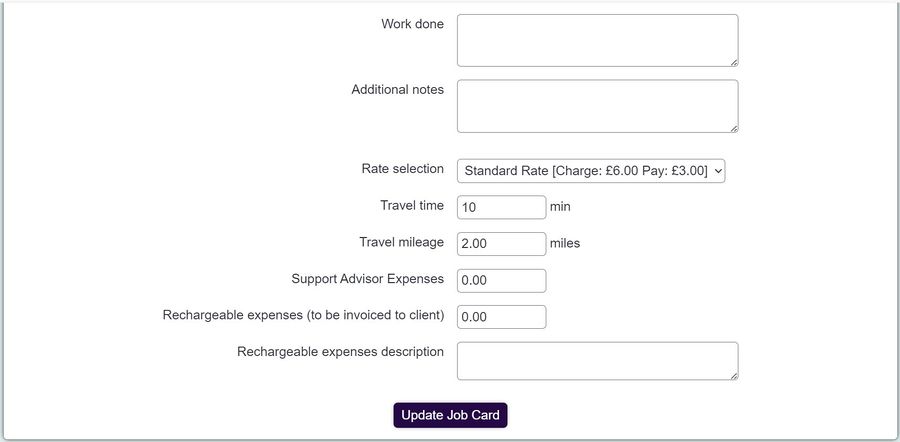 "a screenshot of the job card details page, showing the work that was done and the related dates and times."