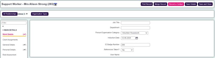 "a screenshot of the support worker record, showing the work details section."