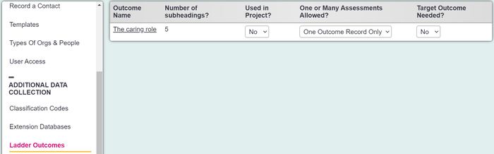 "a screenshot of the project set up, which lists all the imported outcomes and allows you to select 'yes' if it's used in the project."