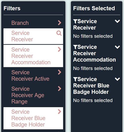 "a screenshot of the filters column with the items 'service receiver', service receiver accommodation and service receiver blue badge holder."