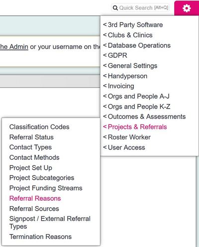 "a screenshot of the referral reasons button, highlighted under the admin menu."