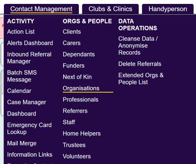 "organisations displayed in the contact management menu"