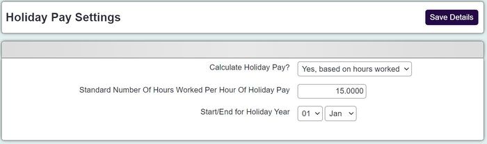 "a screenshot of the holiday pay settings button, showing a field labelled 'calculate holiday pay?'."