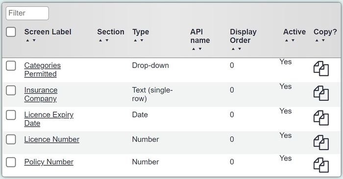 "a screenshot of a list of extension database fields, including 'insurance type', 'policy type' 'driving licence category permitted."