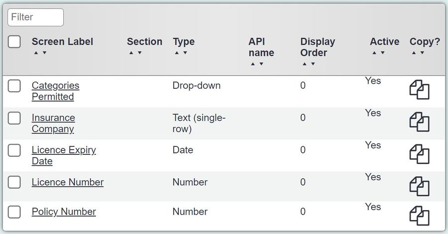 "a screenshot of a list of extension database fields, including 'insurance type', 'policy type' 'driving licence category permitted."