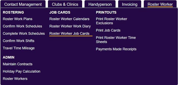 "a screenshot of the roster job cards button, highlighted in the reporting menu."