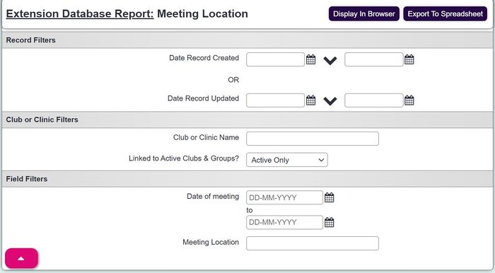 "a screenshot of the club and clinic extension database filter fields."