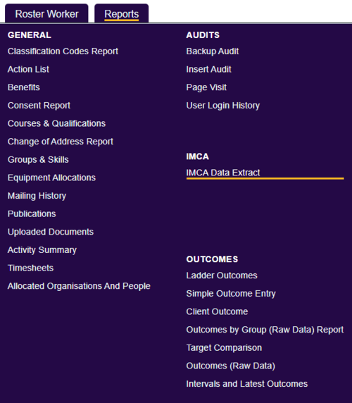 "a screenshot of the imca data report button, highlighted in the reports menu."