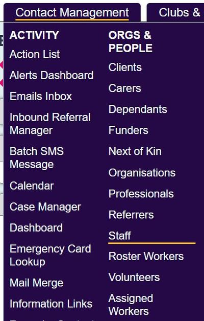 "a screenshot of the staff record type, highlighted in the contact management menu."