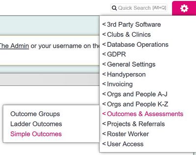 "a screenshot of the simple outcomes button, highlighted in the admin menu."