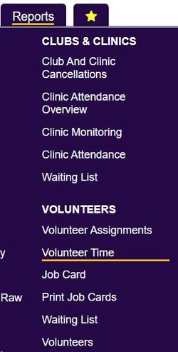 "a screenshot of the volunteer time report button highlighted in the reports menu"