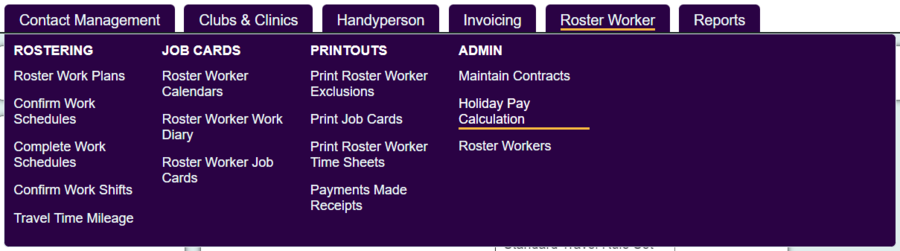 "a screenshot of the holiday pay button highlighted in the roster worker menu."