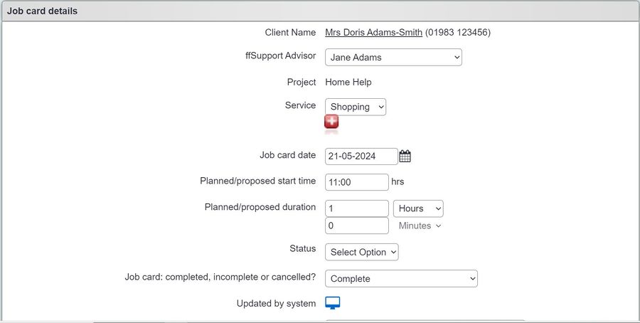 "a screenshot of the job card details page, showing the work that was done and the related dates and times."