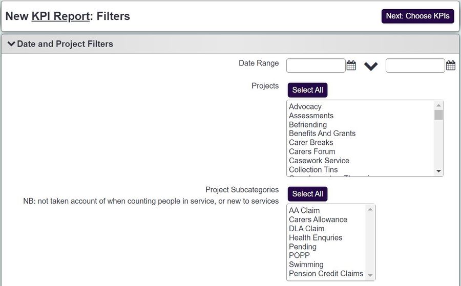 "a screenshot of the date picker fields and the project selection  box."