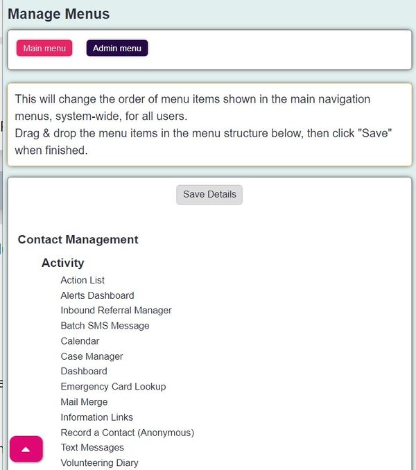 "a screenshot of the manage menu's page. This lists the contact management items and includes an icon to allow you to drag and drop them around."