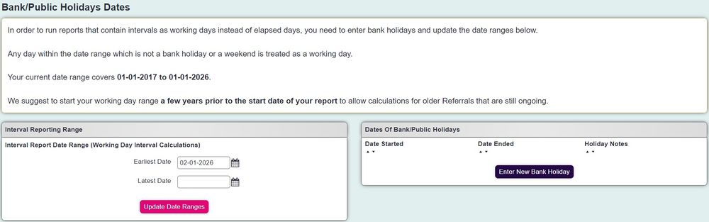 "a screenshot of the bank holidays dates entry page."