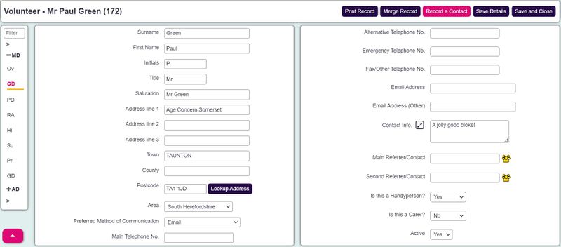 "a screenshot of the volunteer record, showing the general details section."