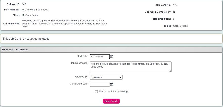 "a screenshot of the volunteer job cards page, showing the details of the start date, job description, created by field and completed by date."