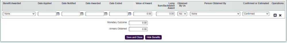 "a screenshot of the benefit entry fields. Including benefit awarded, date applied. and value of award."