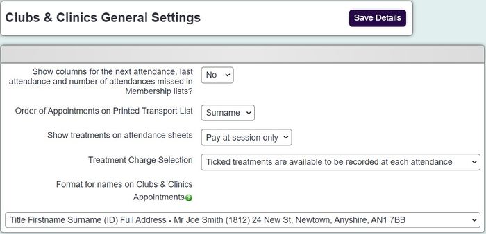 "a screenshot of the club and clinic general settings fields, as listed below."