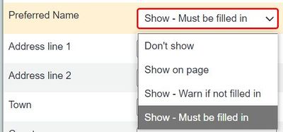 "a screenshot of the list of drop down options allowing you to make the field shown, forced, warned, or not shown."