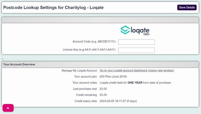 "the postcode lookup settings page from within charitylog"
