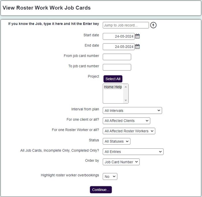 "a screenshot of the roster job cards search fields as listed below."