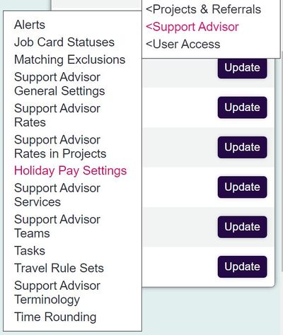 "a screenshot of the holiday pay settings button, higlighted in the admin menu."