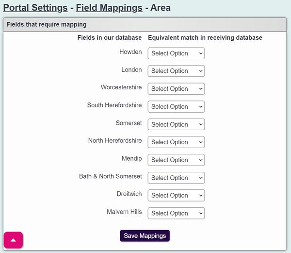 "list of location fields being mapped to the fields of the linked database"